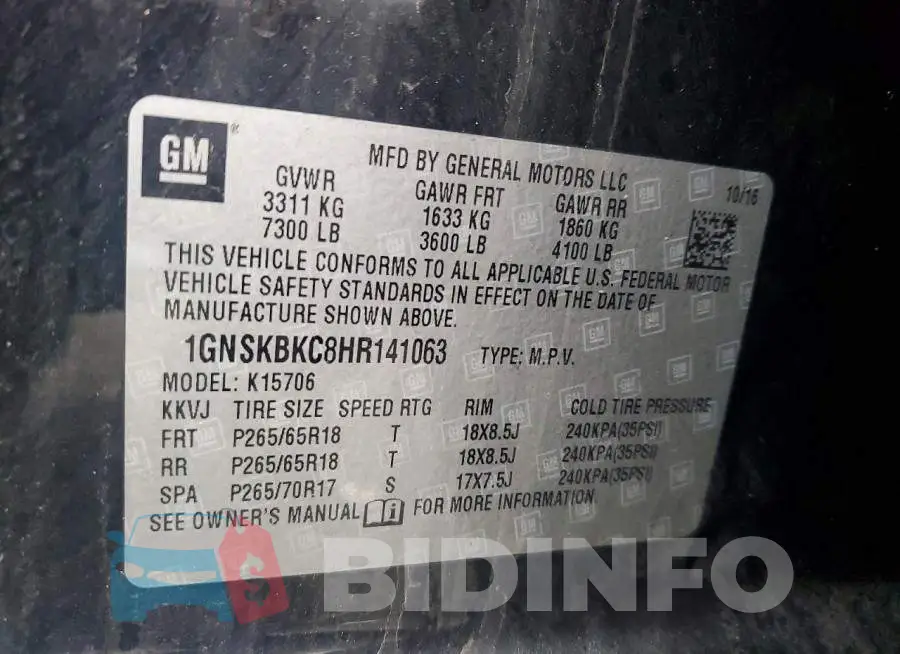 1GNSKBKC8HR141063 Photo# 13