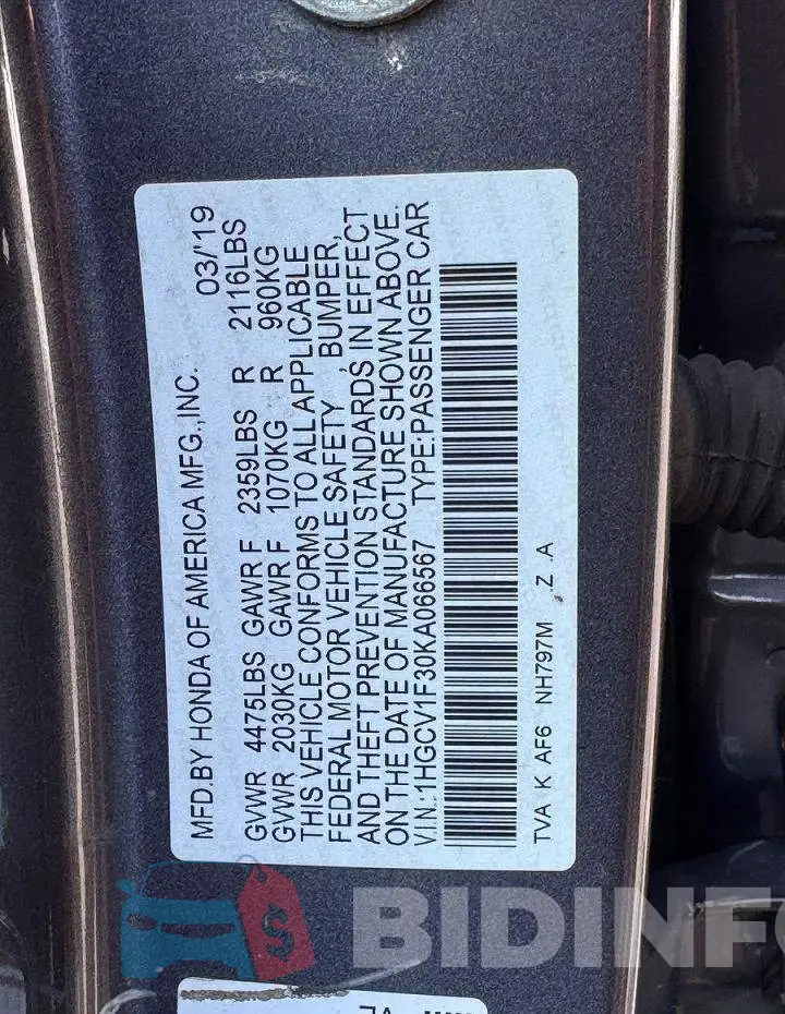1HGCV1F30KA066567 Photo# 10