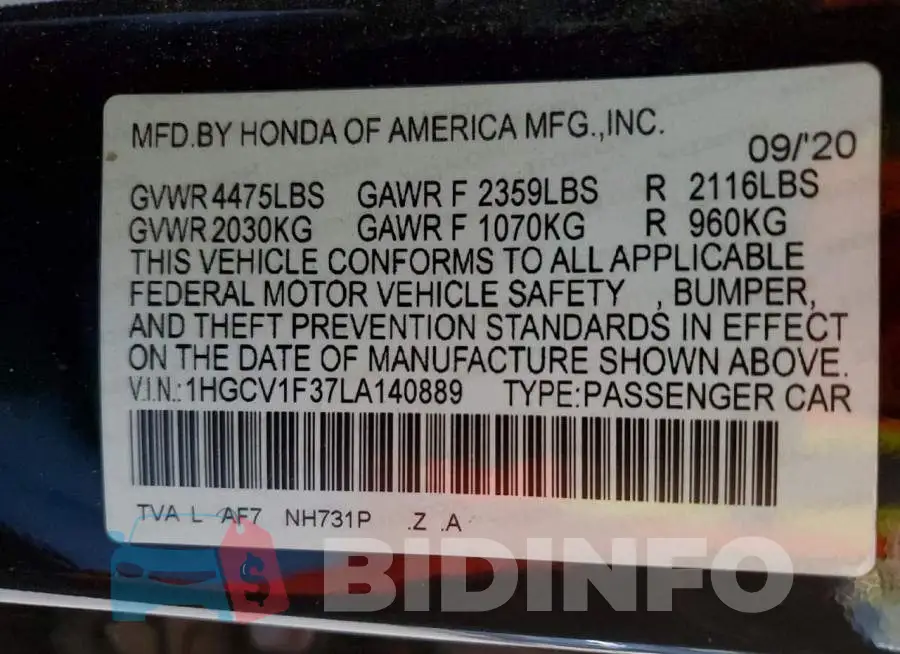 1HGCV1F37LA140889 Photo# 12