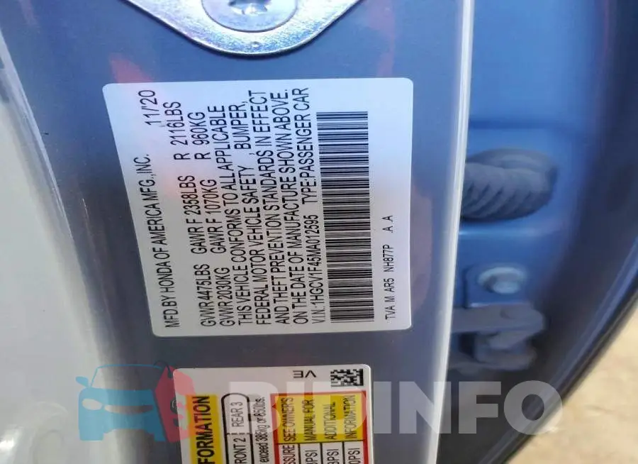 1HGCV1F45MA012595 Photo# 12