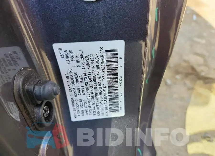 2HGFC3B3XKH351427 Photo# 12