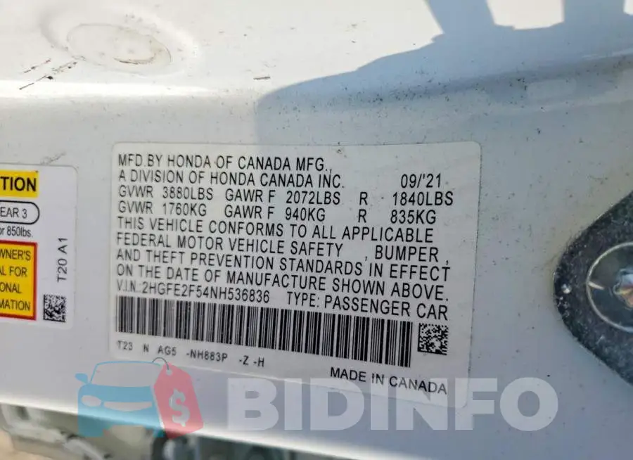 2HGFE2F54NH536836 Photo# 12