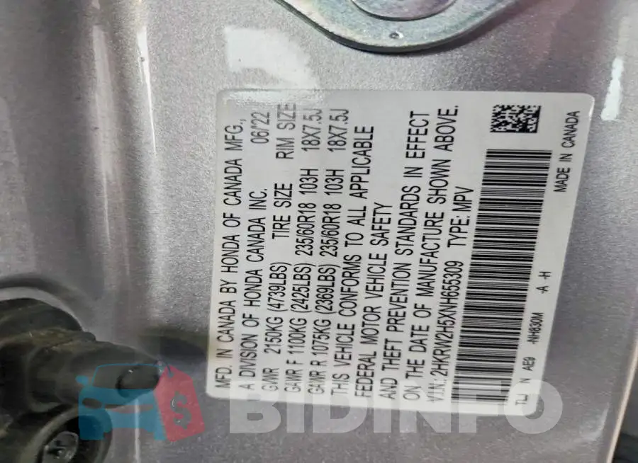 2HKRW2H5XNH655309 Photo# 13