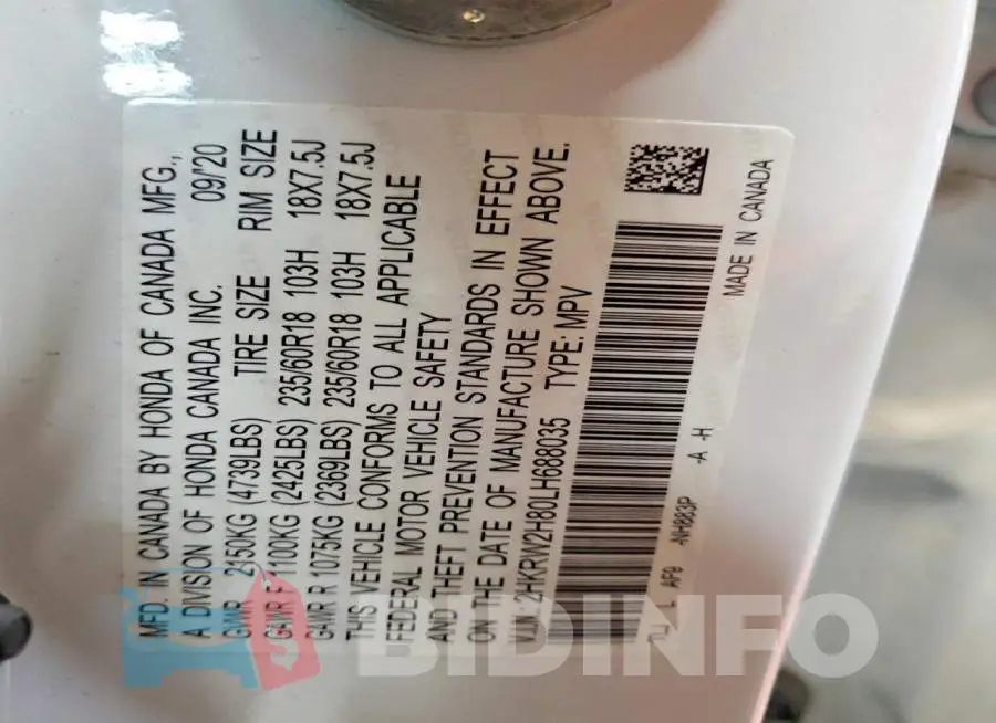 2HKRW2H80LH688035 Photo# 13