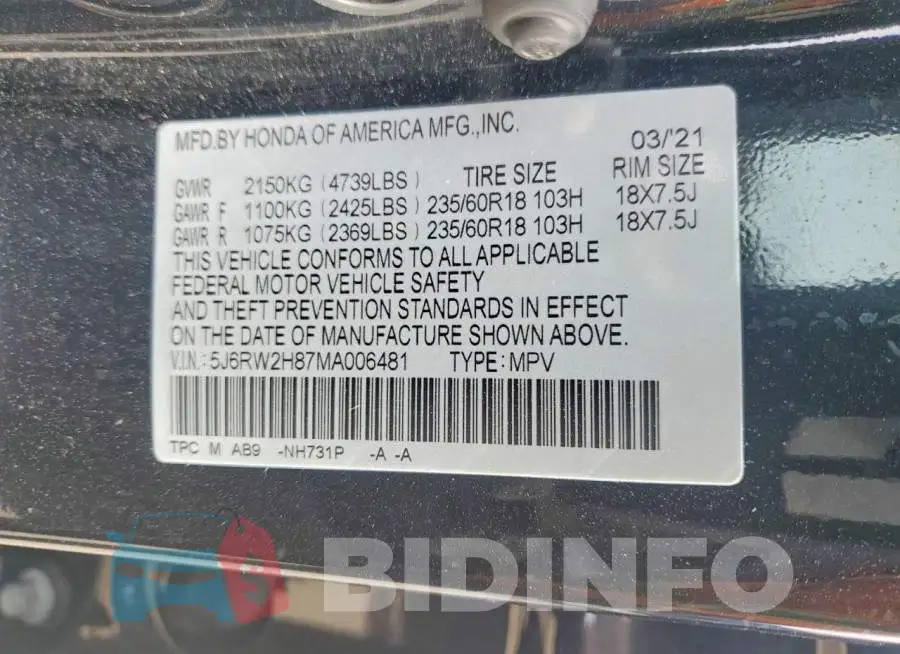 5J6RW2H87MA006481 Photo# 13