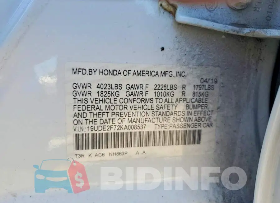 19UDE2F72KA008537 Photo# 12