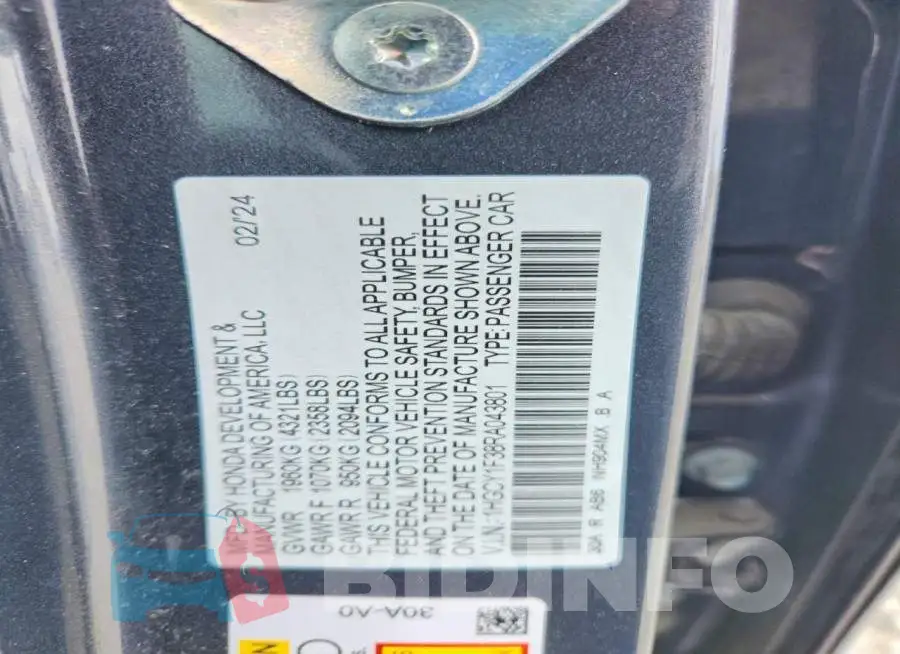 1HGCY1F38RA043801 Photo# 12