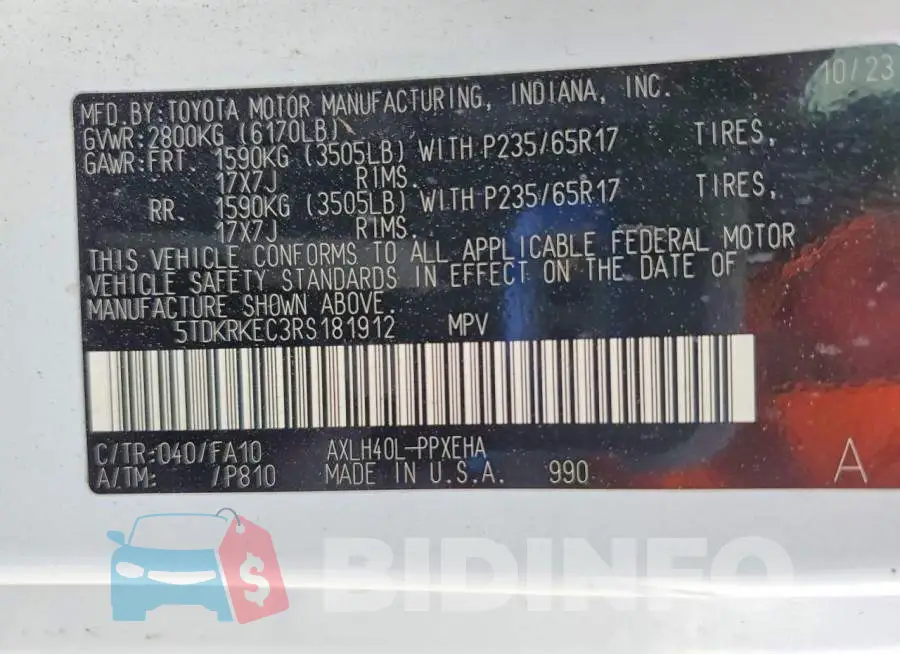 5TDKRKEC3RS181912 Photo# 14