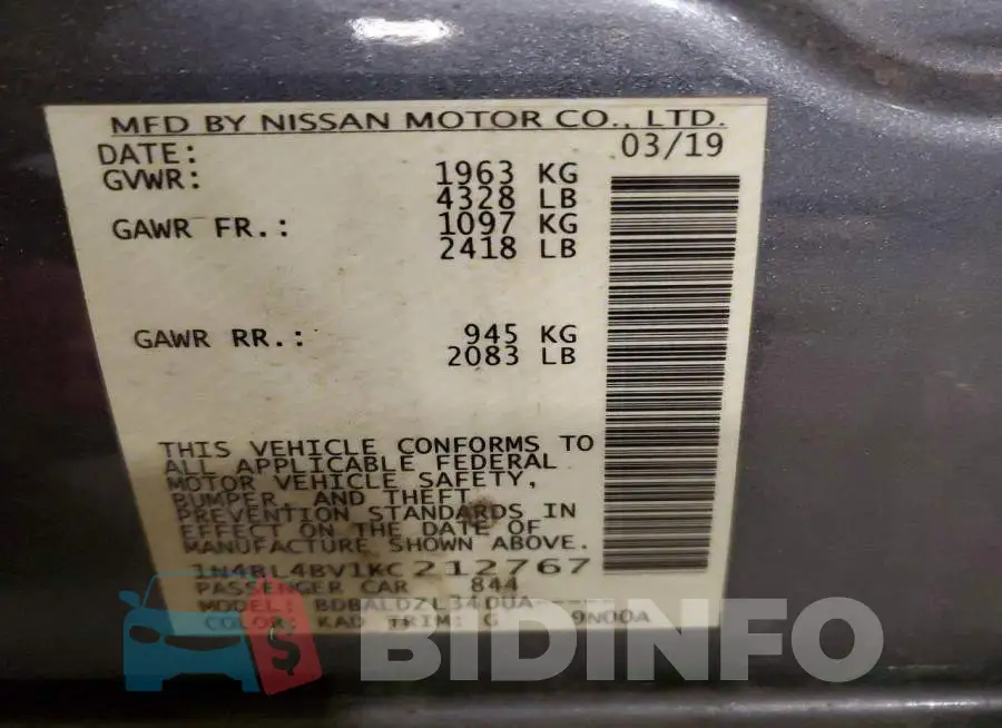 1N4BL4BV1KC212767 Photo# 12