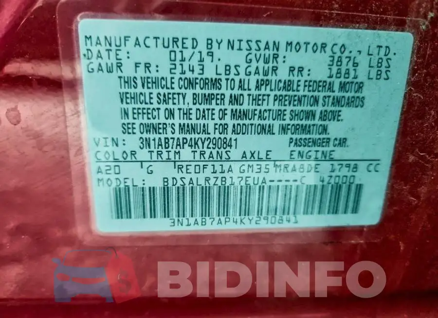 3N1AB7AP4KY290841 Photo# 13