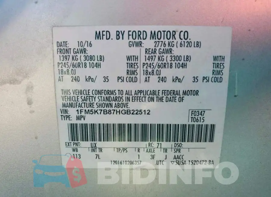 1FM5K7B87HGB22512 Photo# 13