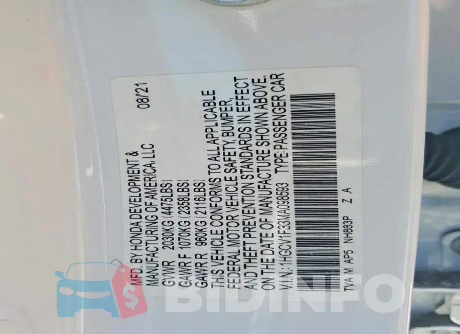 1HGCV1F33MA098593 Photo# 12
