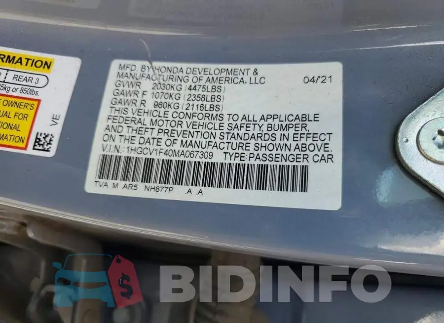 1HGCV1F40MA067309 Photo# 12
