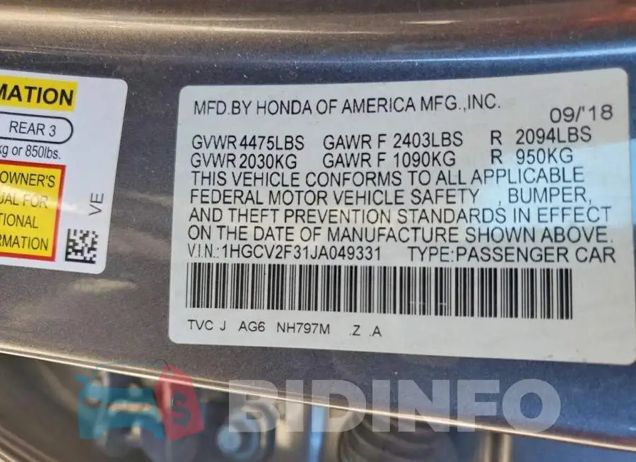 1HGCV2F31JA049331 Photo# 12