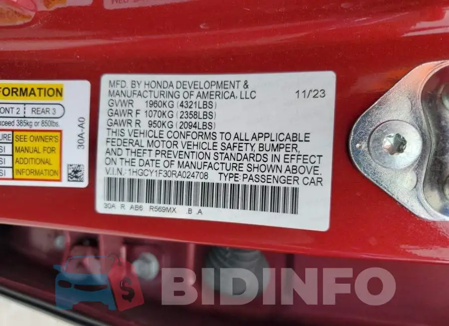 1HGCY1F30RA024708 Photo# 13