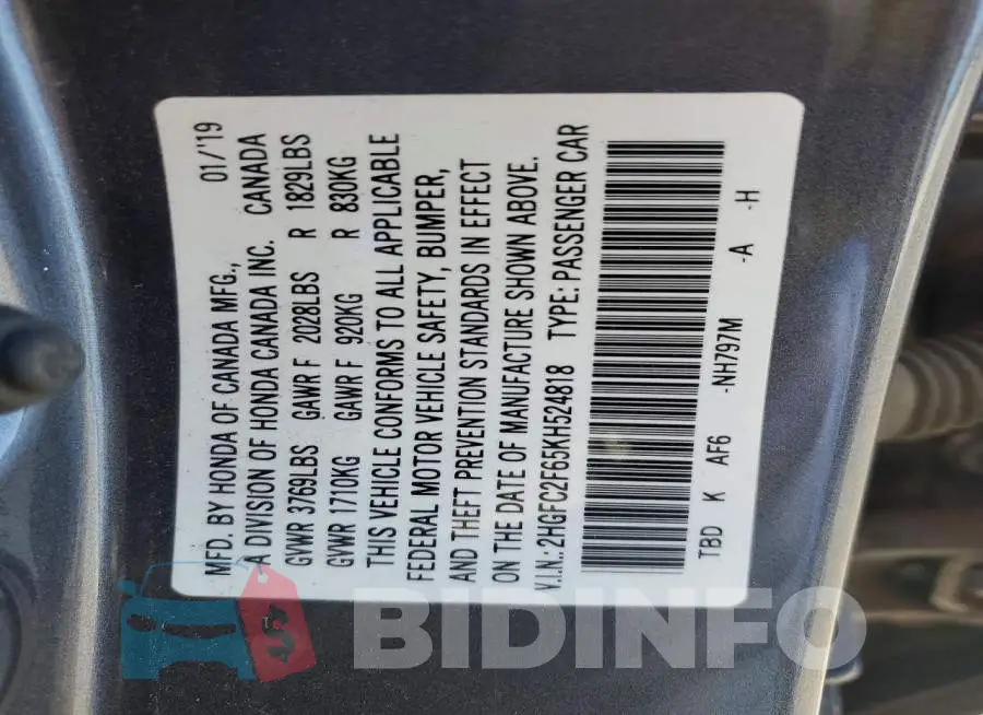 2HGFC2F65KH524818 Photo# 12