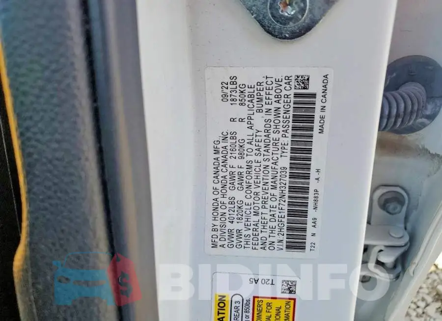2HGFE1F72NH327039 Photo# 13
