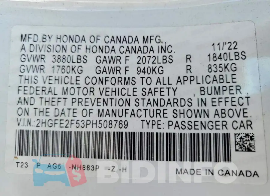 2HGFE2F53PH508769 Photo# 12
