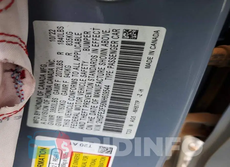 2HGFE2F56NH609544 Photo# 12