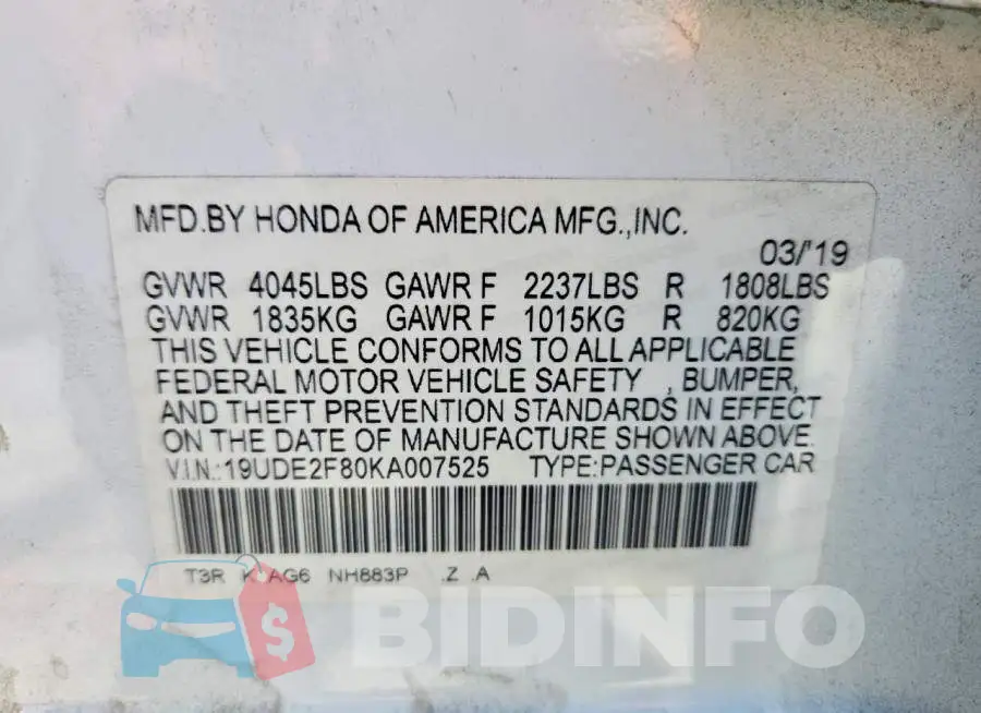 19UDE2F80KA007525 Photo# 12