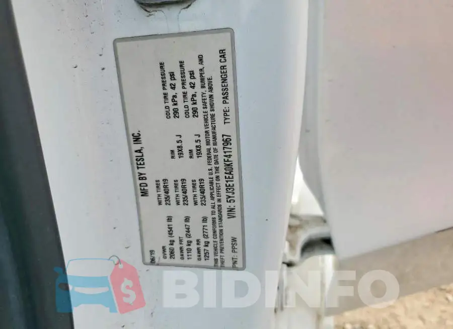 5YJ3E1EA0KF417967 Photo# 12