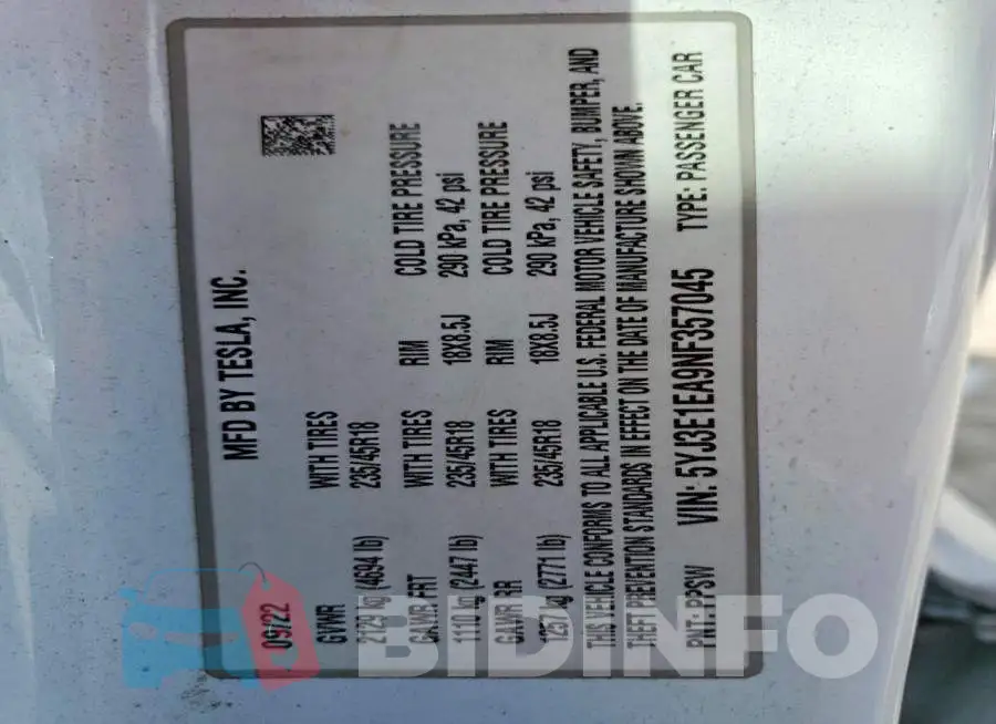 5YJ3E1EA9NF357045 Photo# 13