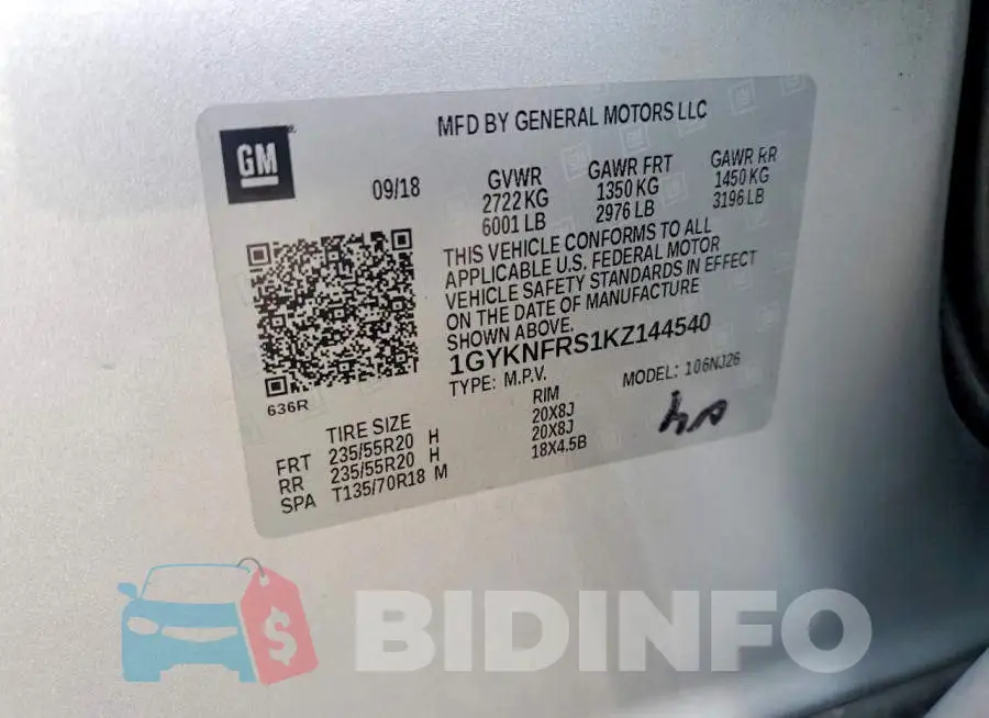 1GYKNFRS1KZ144540 Photo# 12
