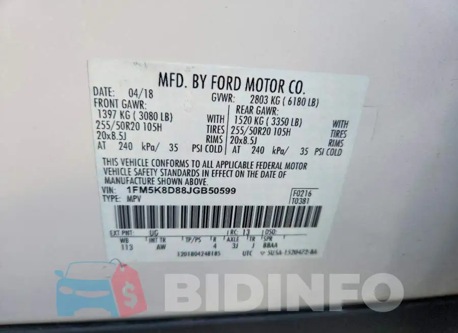 1FM5K8D88JGB50599 Photo# 14
