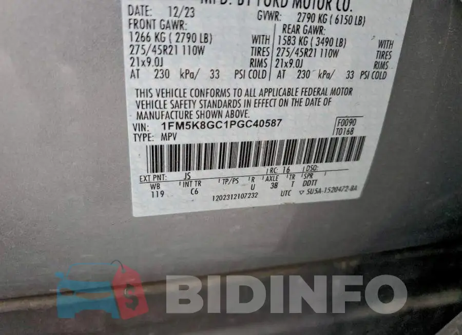 1FM5K8GC1PGC40587 Photo# 13