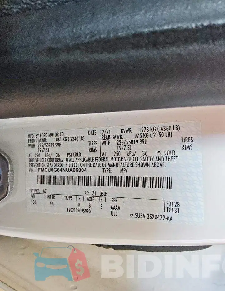 1FMCU0G64NUA06004 Photo# 12