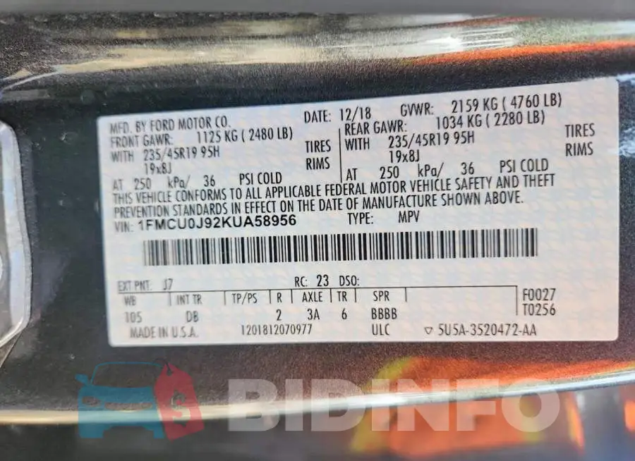 1FMCU0J92KUA58956 Photo# 14