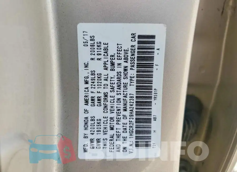 1HGCR2F39HA242387 Photo# 12