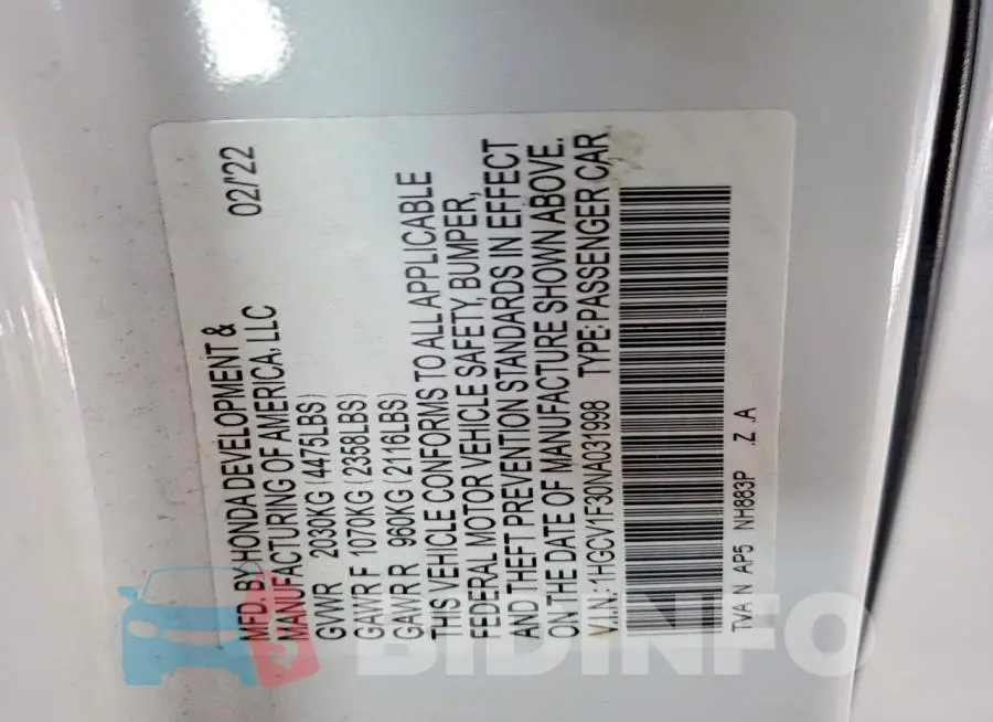 1HGCV1F30NA031998 Photo# 12