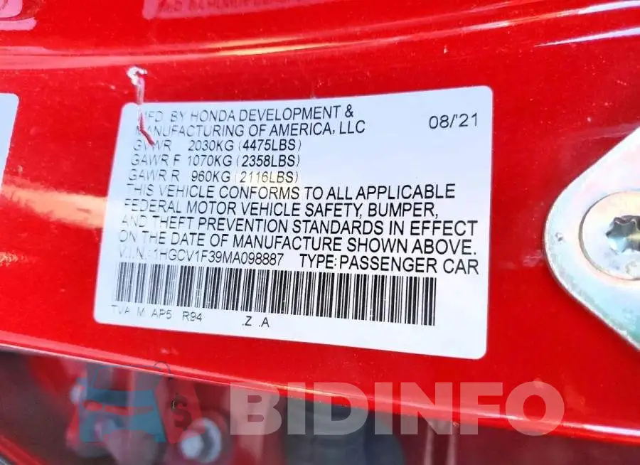 1HGCV1F39MA098887 Photo# 13
