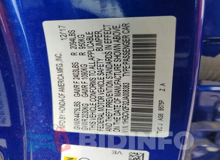 1HGCV2F32JA008383 Photo# 13