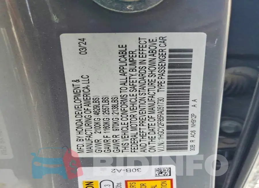 1HGCY2F85RA051730 Photo# 12