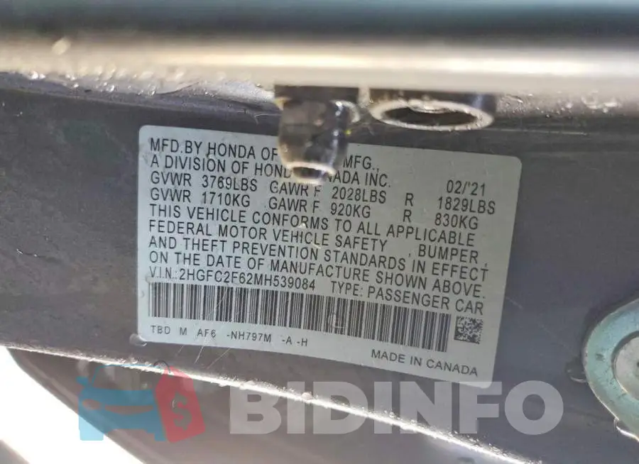 2HGFC2F62MH539084 Photo# 13