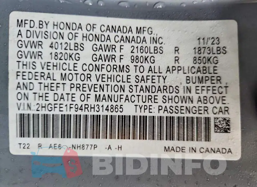2HGFE1F94RH314865 Photo# 13