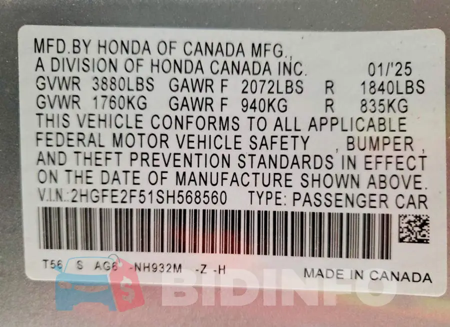 2HGFE2F51SH568560 Photo# 12
