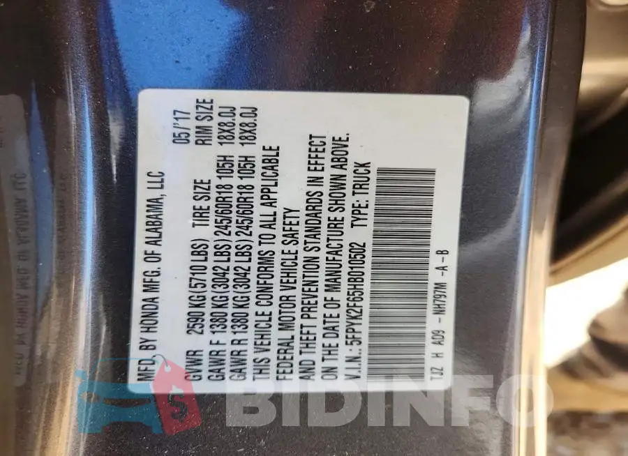 5FPYK2F65HB010502 Photo# 13