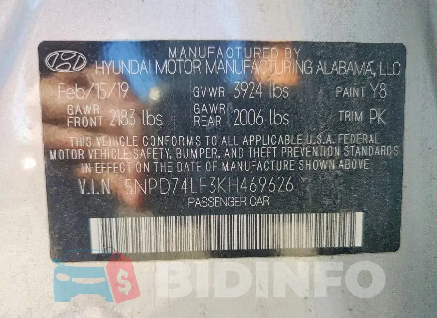 5NPD74LF3KH469626 Photo# 12
