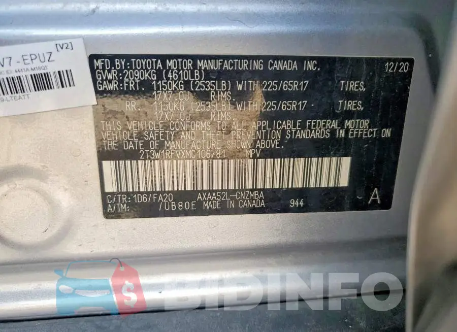 2T3W1RFVXMC106781 Photo# 13