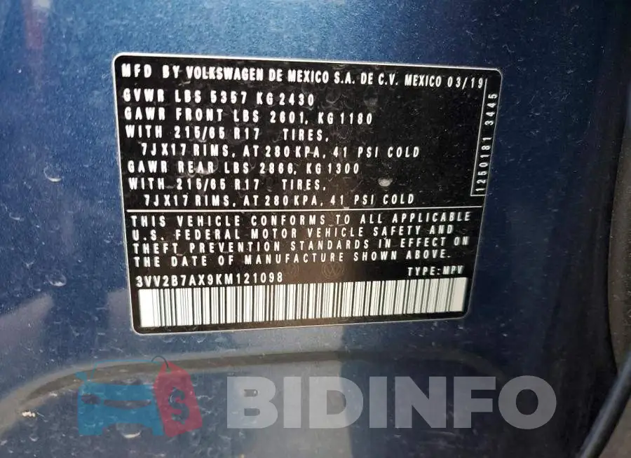 3VV2B7AX9KM121098 Photo# 13