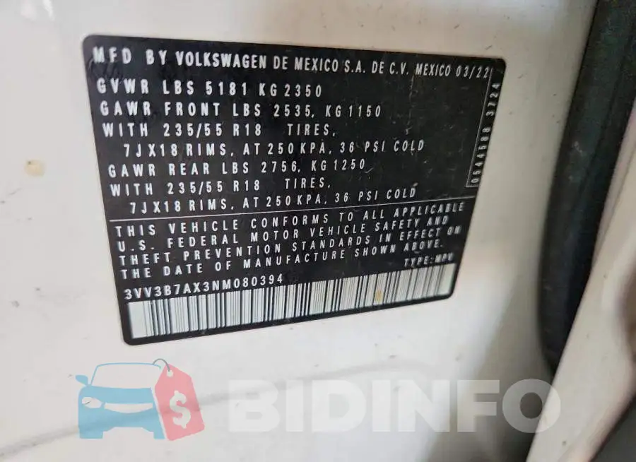 3VV3B7AX3NM080394 Photo# 13