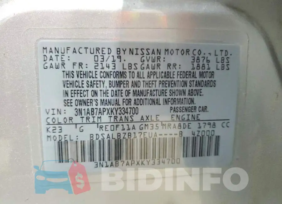 3N1AB7APXKY334700 Photo# 13