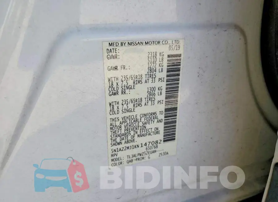 5N1AZ2MJ1KN147082 Photo# 13
