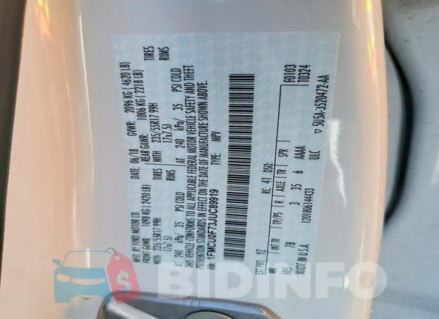 1FMCU0F73JUC89919 Photo# 12