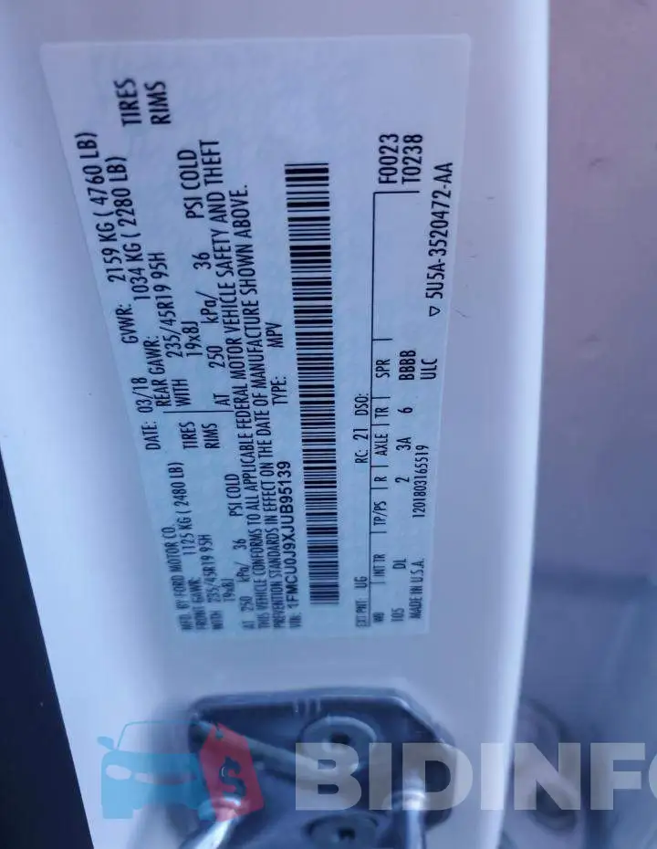 1FMCU0J9XJUB95139 Photo# 13