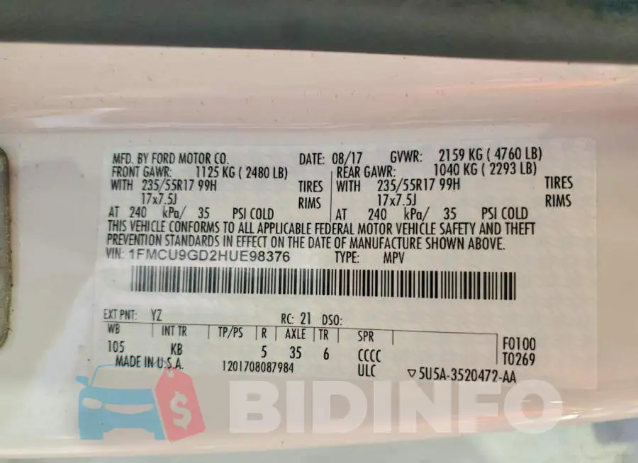1FMCU9GD2HUE98376 Photo# 13