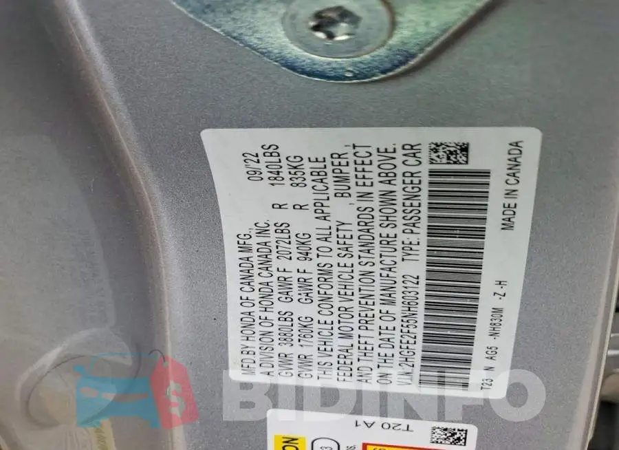 2HGFE2F55NH603122 Photo# 13